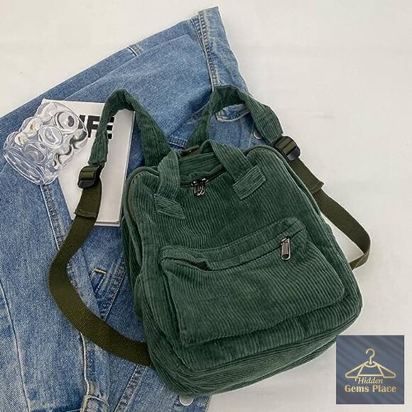 Vintage Mini Corduroy Backpack Purse - Adjustable Straps, 4 Pockets, Casual main image 4